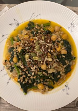 A picture of Farro Soup with Chickpeas and Swiss Chard.