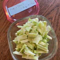 A picture of Boiled broccoli stem with sesame oil and salt only! Don’t throw away the stem 🥦.