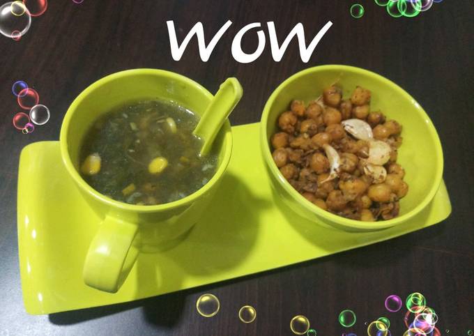 Lemon Coriander corn soup &amp; garlic chana