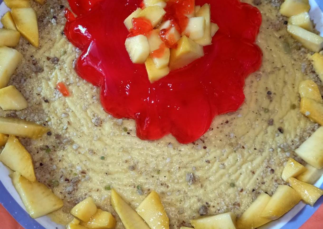 Mango custard with red jelly