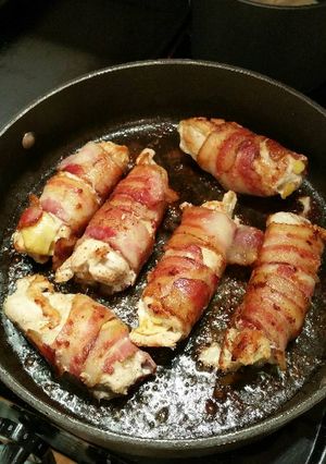 A picture of Bacon Wrapped Smoked Gouda Stuffed Chicken Breasts.