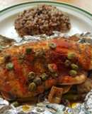 Filete de pescado empapelado con espárragos y champiñones