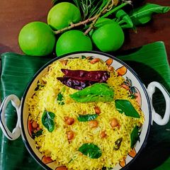 A picture of Mamidikaya Pulihora or Mango Rice.