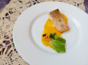 Foto di Trancio di salmone al lardo su crema di zucca