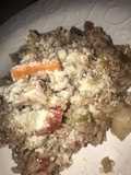 Risotto de vegetales y carne en vino tinto