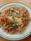 Spaghetti Bruschetta con camarones