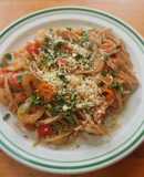 Spaghetti Bruschetta con camarones