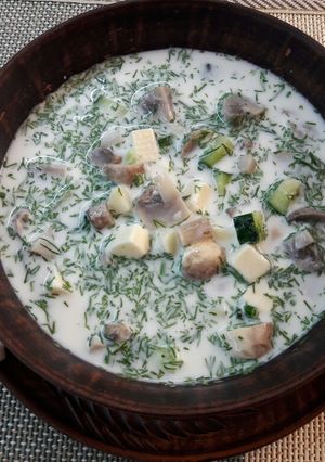 Фото Окрошка с шампиньонами и твердым сыром #кулинарныймарафон.