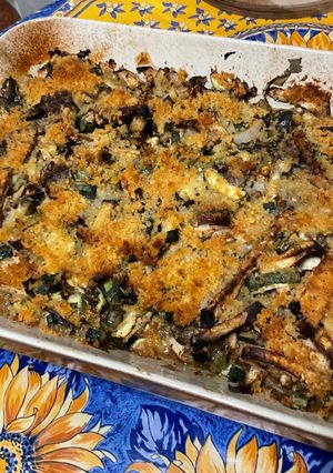 A picture of Zucchini and Eggplant Gratin with Beef and Cilantro.