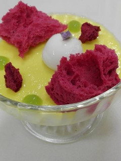 Una foto de Panna cotta de mango, nubes de frambuesa, gel de lima y esfera de yogurt