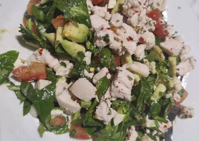Spinach Chicken, Avocado, Tomato, Goat Cheese Salad, Drizzled in Olive Oil