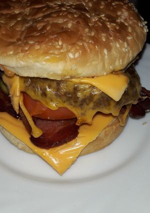 A picture of Bacon double cheese burger.