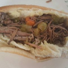 A picture of Crock pot Chicago style Italian beef sandwich.