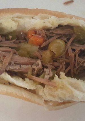 A picture of Crock pot Chicago style Italian beef sandwich.