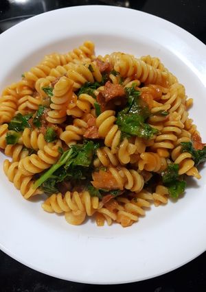 A picture of Spicy Smoked Chorizo and Kale Pasta.