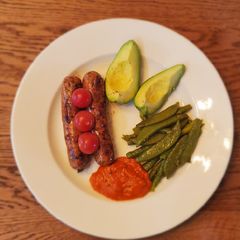 Kielbasa with asparagus and snap peas A picture of Kielbasa with asparagus and snap peas.
