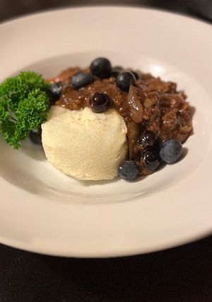 A picture of WILD BOAR WITH BLUEBERRIES & CREAMY MASH.