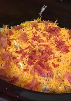 A picture of Crock pot bacon cheesy potato casserole recipe.