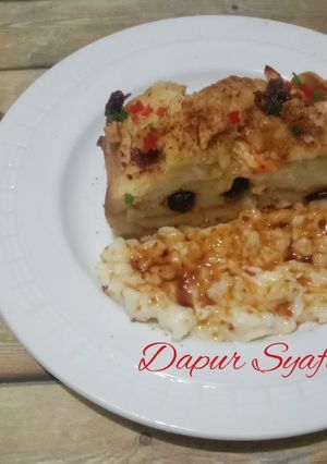 Foto resep Apple Bread Pudding with cheese milk sauce