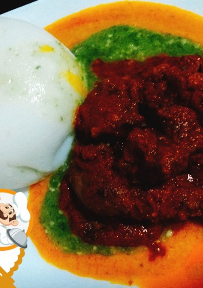 A picture of Ground rice with Okro and assorted beef and Chicken.