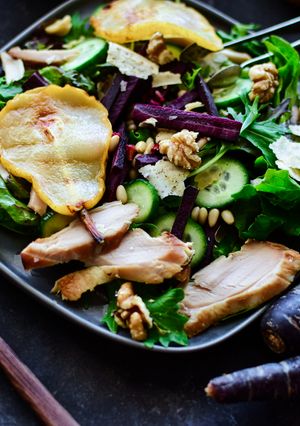 A picture of Grilled Pear and Smoked Chicken Salad.