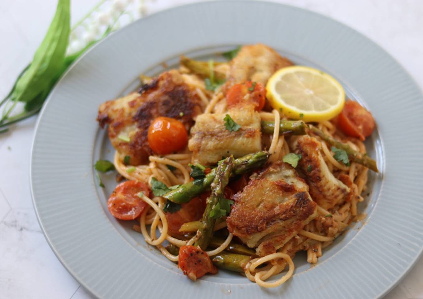 Grilled Pollock with lemon and black pepper pasta sauce