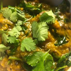 A picture of Squash and spinach coconut curry - vegan.