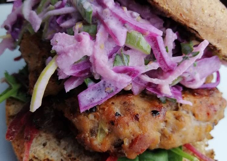 Pork and chorizo bagel burger + pickled cabbage and apple slaw