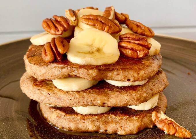 Chocolate, banana and pecan pancakes