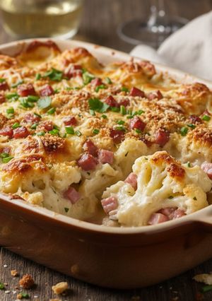 Una foto de Coliflor con bechamel y jamón de pavo al horno