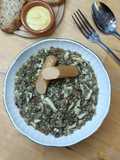 🫘Lentilles vertes à la moutarde au tofu fumé et saucisse fumée