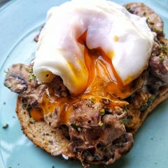 Creamy Garlic Mushrooms on Toast, (with a poached egg) A picture of Creamy Garlic Mushrooms on Toast, (with a poached egg).