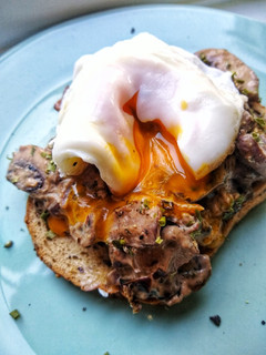A picture of Creamy Garlic Mushrooms on Toast, (with a poached egg).