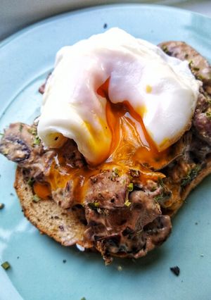 A picture of Creamy Garlic Mushrooms on Toast, (with a poached egg).