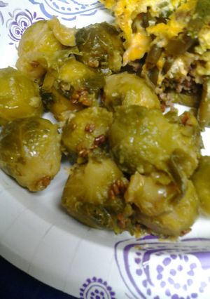A picture of Brussel sprouts and fenugreek in butter.