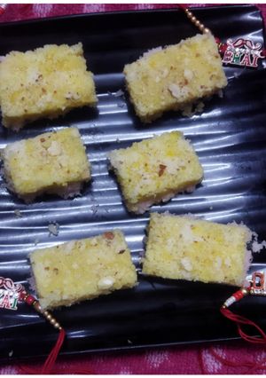 A picture of Kesar Coconut Burfi.