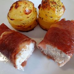 A picture of Smoked Scamorza Stuffed Chicken With Potato Stacks.