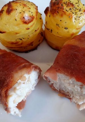 A picture of Smoked Scamorza Stuffed Chicken With Potato Stacks.