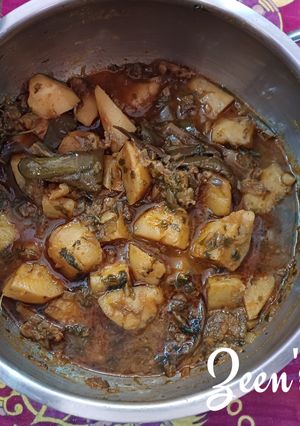 A picture of Long Purple Brinjal and Potatoes Sabzi.