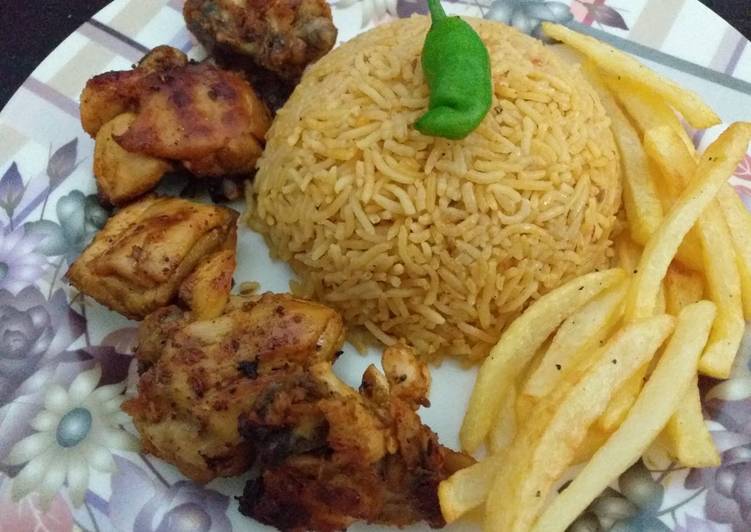Smokey Chicken(BBQ in pan😍)with fried rice and fries
