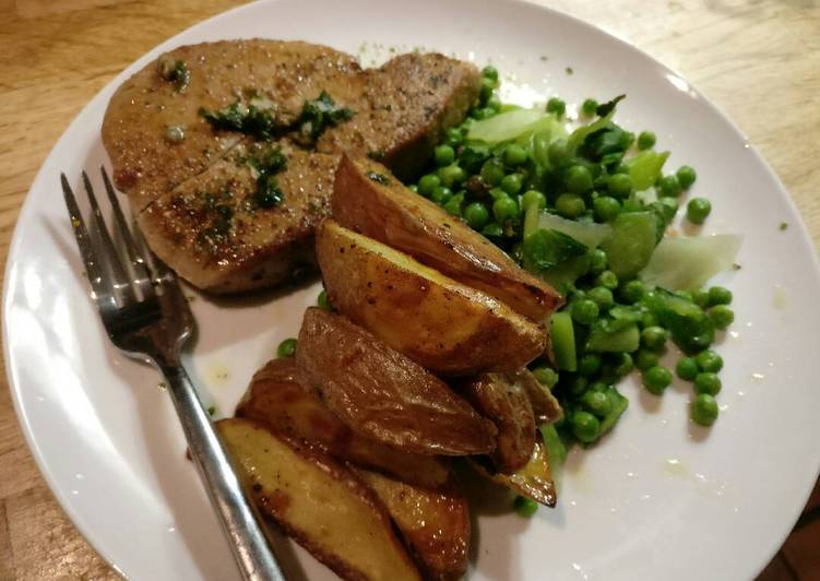 Tuna steaks, rough cut potato and greens