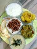 Rice, lentil fry,dal,sim jhal,aloo cuarri,egg fry,dhoy