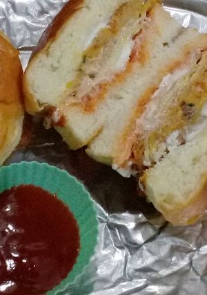 A picture of Cheesy shami kabab burger.