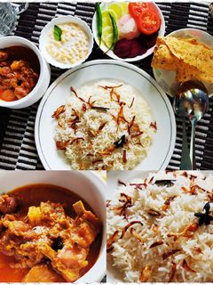 मटन कोरमा, पुलाव, रायता, पापड और सलाद (Mutton korma, pulav, raita aur salad recipe in hindi) रेसिपी मुख्य फोटो