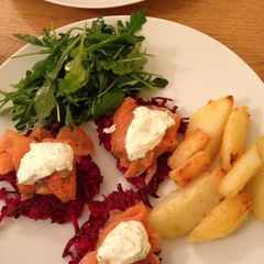 A picture of Smoked Salmon with Beetroot Parsnip Rosti.