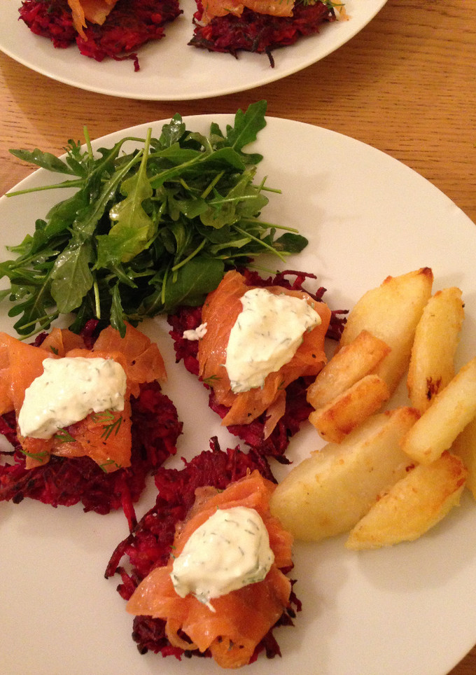 A picture of Smoked Salmon with Beetroot Parsnip Rosti.