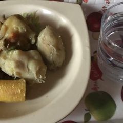 Boil sweet potato and plantain with chicken sauce A picture of Boil sweet potato and plantain with chicken sauce.