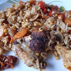 Rainbow chicken with orzo A picture of Rainbow chicken with orzo.