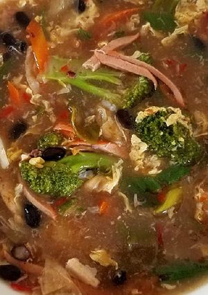 A picture of Spicy and sour veggies with black bean egg drop soup 酸辣蔬菜黑豆羹.