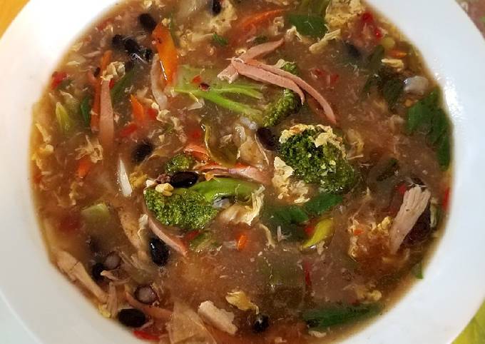 Spicy and sour veggies with black bean egg drop soup 